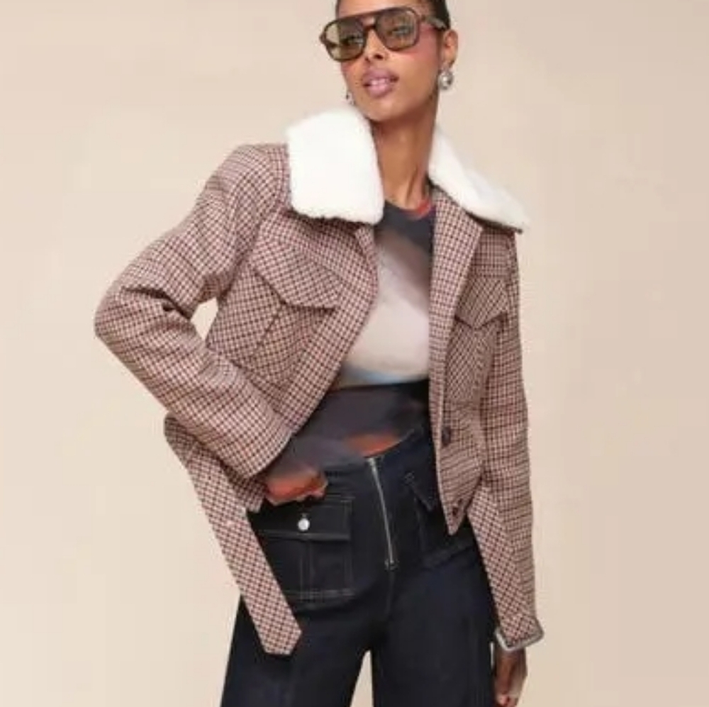 Avec Les Filles cropped Padded Shoulder Belted Plaid jacket Small - Picture 3 of 9